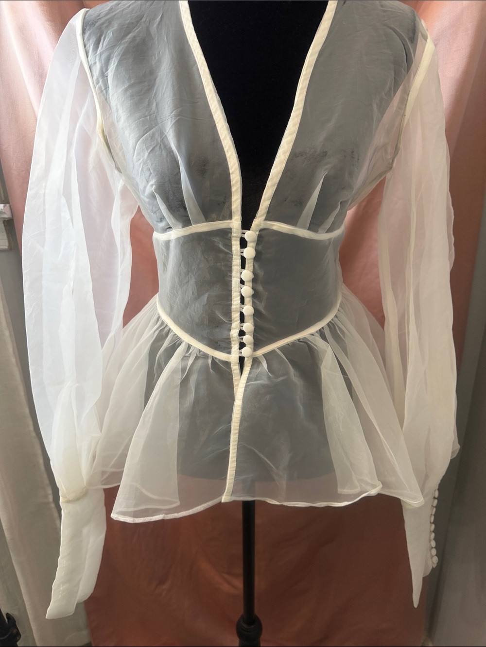 AKIRA Sheer White Organza Corset-Front Peplum Blouse - Picture 3 of 9